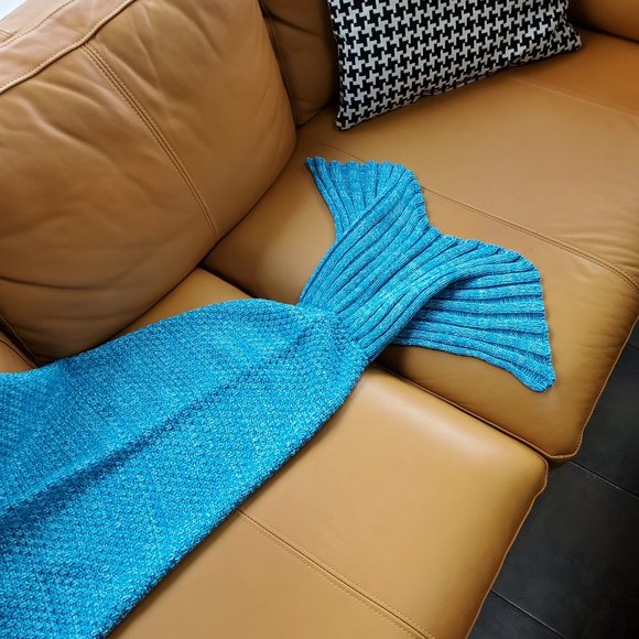 Adult Kids Girls Teal Mermaid Tail Crochet Sofa Blanket Soft Comfy Warm Wearable - Picture 1 of 11